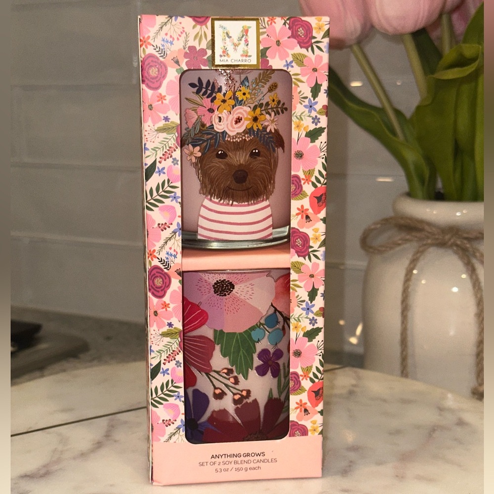 Mia Charro Set of 2 Anything Grows 5.3oz Soy Blend Candle-Yorkie Dog Flower